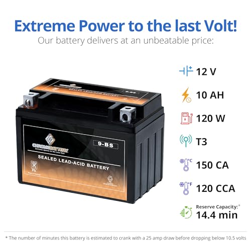 Image of CB CHROMEBATTERY YTX9-BS 12V 135 CCA AGM - Maintenance Free Powersport Battery for ATV, Motorcycle, Scooter - Fits Honda, Yamaha, Polaris, Suzuki (T3 Terminal)