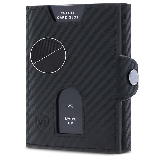 VON HEESEN Slim Wallet mit Münzfach & RFID Schutz - Geldbörse Herren & Damen - Kartenetui Kreditkartenetui - Mini Portmonee Geldbeutel Portemonnaie klein Carbon-Schwarz (PU)