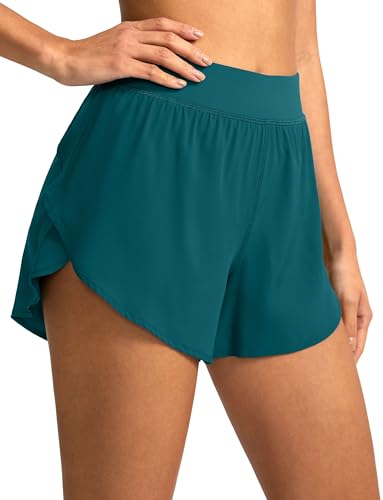 Soothfeel High Waisted Athletic Running Shorts for Women Dolphin Short High Split Quick Dry Gym Workout Shorts with Liner (Borealis Green, XXS)