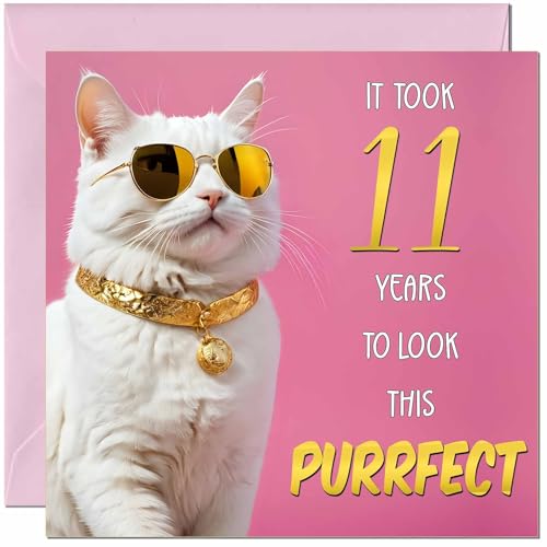 11th Cat Birthday Card for Girls - Purrfect Birthday - Funny Cat Birthday Card for 11 Year old Girl Kids Daughter girl eleven, eleventh Granddaughter Sister Niece cousin Kitty Kitten