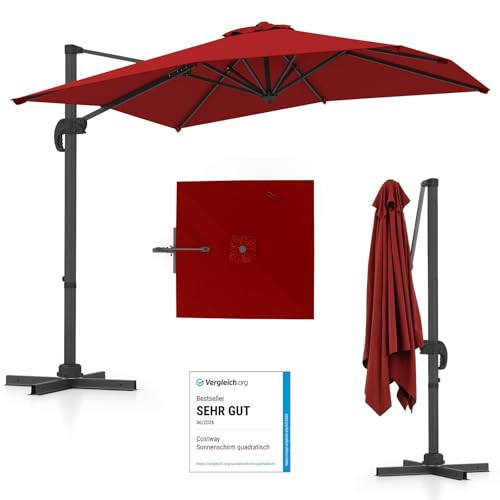 COSTWAY Sonnenschirm rechteckig 250 x 250 cm großer Ampelschirm mit Kurbel Gartenschirm neigbar 360 drehbar Terrassenschirm Marktschirm für Garten Terrasse Balkon Rot