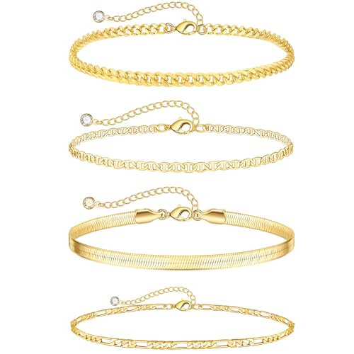 Image of Rotnso Anklets for Women 14K Gold Silver Plated Ankle Bracelets Trendy Waterproof Boho Anklets Set Adjustable Dainty Cute Diamond Beaded Heart Non Tarnish Summer Beach Jewelry Gift