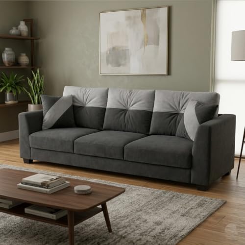 Image of Revola Plush Comfort Sofa | 3 Seater | Luxury Velvet Suede Fabric | Modern Living Room Sofa | Dark Gray - Light Gray