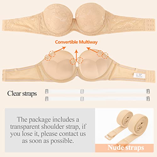 Crushnow Women's Strapless Push Up Convertible Bra Ultra Pads With Clear Straps Multiway Add 2 Cups Underwire Sexy Lace Bra,Beige, 38A #TOP3