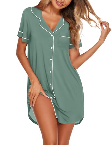 Image of Ekouaer Nightgowns for Women Button Down Sleepshirt Short Sleeve Nightshirt Boyfriend Pajamas V Neck Nightdress S-XXXL