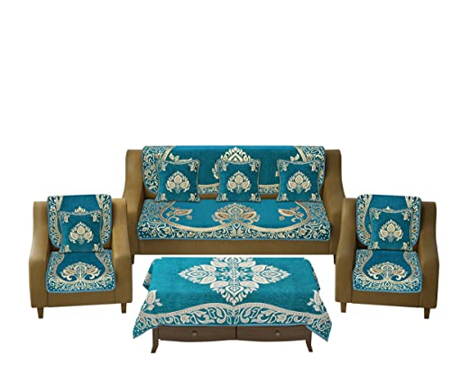 Image of 5 Seater Sofa Slip Covers With Cushion And Table Cover - 3+2 Seater Velvet Sofa Cover Set For Single Couch - Seat Protector Slip And Back Covers, 2701 Sky