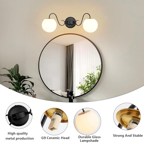 Image of Vintage Matte Black Bathroom Vanity Light Fixtures Over Mirror 2 Lights