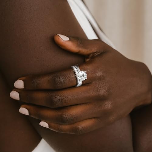 Fake Wedding Rings for Women Travel Wedding Rings Sets for Her Silver CZ Wedding Rings Non Tarnish Halo Cubic Zirconia Faux Wedding Bands Bridal Sets Wedding Rings Jewelry Gifts2