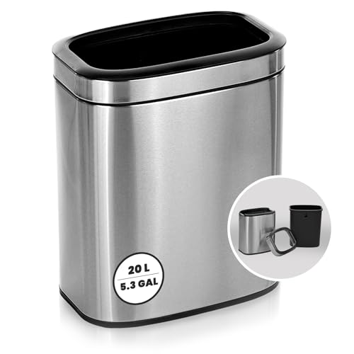 Alpine Stainless Steel Open Top Trash Can 5 Gallon - 20L Garbage Can for Kitchen, Bathroom, Office & More with Removable Bin, Brushed Nickel Finish, Space-Saving Slim Modern Design
