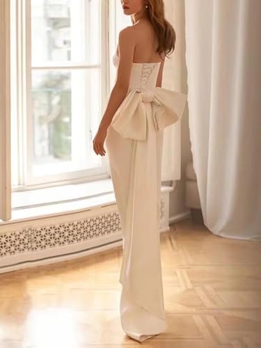 SHANDUAO Womens Midi Satin Wedding Dresses for Bride Strapless Bow Formal Evening Prom Praty Gowns with Slit PD0792