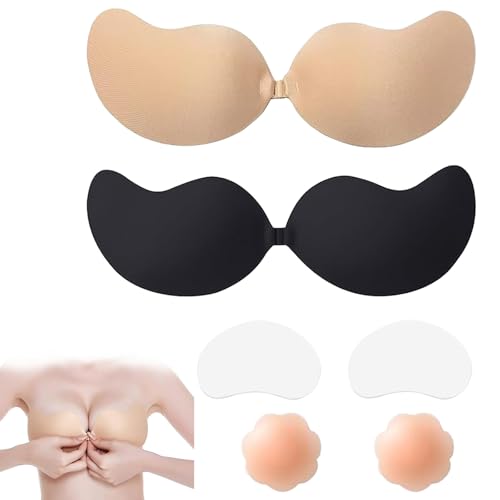 GZGRYTRC 2 PCS Sticky Bra Invisible Stick On Bra Strapless Ideal for Low Cut Dresses Weddings Parties and Events with Lifting Patches & Nipple Covers Black