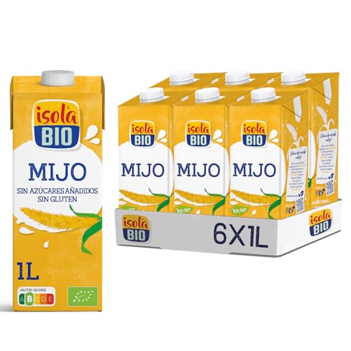 ISOLA BIO - Pack de 6 Unidades de 1 L de Bebida Ecológica Vegetal de Mijo - Sin Azúcar Añadido y Sin Gluten - Apto para Veganos - Ideal para Tomar Sola, con Café o en Batidoss