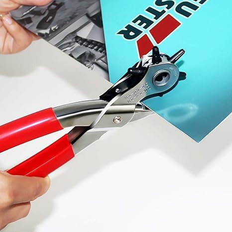 Image of Leather Hole Punch Tool Set -6 Size Revolving Leather Belt Hand Hole Puncher for Belts, Watch Bands, Straps, Dog Collars, Saddles, Shoes, Fabric, DIY Home or Craft Projects (9'', Silver /Red)