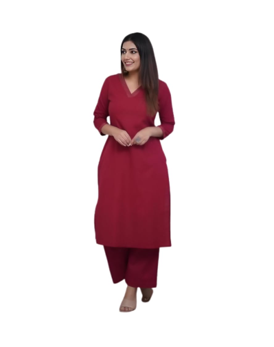 Cotton Beautiful Solid Thead Work V Neck Straight Kurta with Pant for Women's Indian Dress Solid Suit Set | Comfortable and Classy Outfit-picture-29
