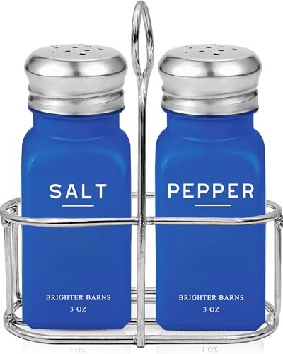 Blue Salt and Pepper Shakers Set with Holder by Brighter Barns - Glass Salt Shaker with Caddy - Modern Kitchen Decor, Dining Table Decor, Cute Kitchen Accessories for Restaurants, Dining Room (Blue)