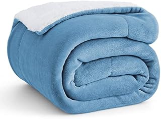Bedsure Sherpa Fleece Throw Blanket - Fluffy Microfiber Solid Blankets for Bed and Couch Double/Twin Size, Washed Blue, 150x200cm