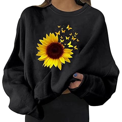 Women Zip up Hoodie Women Sweatshirt Graphic Sweatshirts No Hood Casual Long Sleeve Round Neck Sweatshirts Sunflower Printed Loose Tops Hood Sweatshirt Black Cover