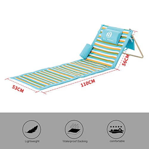 Portable Beach Mat, for The sunbather with Pillow and Removed Bag -Blanket Gift idea (Blue Stripes)