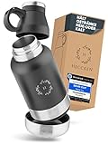 HecckeN Thermoskanne Edelstahl Thermosflasche 1 Liter - Trinkflasche Isolierflasche mit Becher und extra Stauraum für Snacks, Tee, Kaffee | Auslaufsicher Kohlensäure geeignet Temperaturbeständig |
