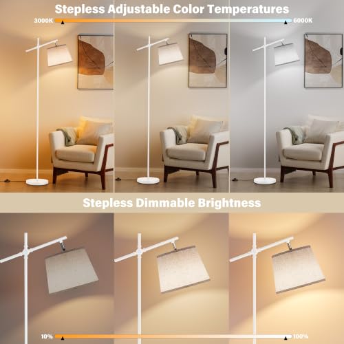 Image of SIBRILLE Floor Lamp with Linen Shade, Dimmable Tall Standing Lamp with Remote Control & 3 Color Temperatures Bulb, Modern Swing Arm Floor Lamps for Living Room Bedroom Office Corner