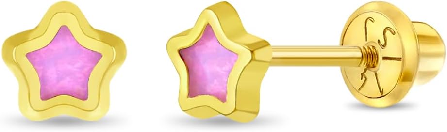 14k Yellow Gold Pretty in Pink Safety Screw Back Earrings For Toddlers and Little Girls - Delicate and Small Pink Shapes Screw Backs For Children - Children's Shape Studs