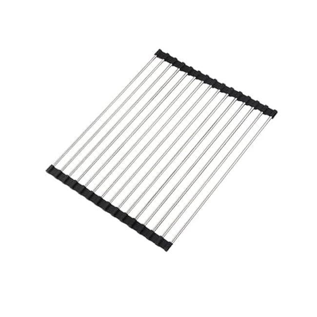 Roll Up Dish Drying Rack, Stainless Kitchen Accessories, Foldable Dish Rack, Anti-Slip Design Sink Counter Storage, Over The Sink Dish Rack, Stainless Steel, ((17.5 x 12) Black)