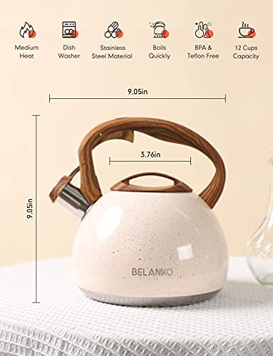 Tea Kettle, 2.7 Quart Belanko Teapot For Stovetops Wood Pattern Handle With Loud Whistle Food Grade Stainless Steel Tea Pot Water Kettle - Cream White #TOP4