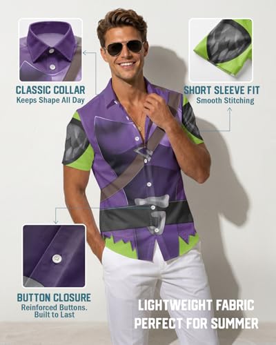 Image of 99TIMORO Funny Film Summer Button Down Shirt Men Short Sleeve Top | Movie Character Hawaiian Shirts for Men Lightweight Breathable Beach Vacation Business Casual Summer Gifts Classic Fit