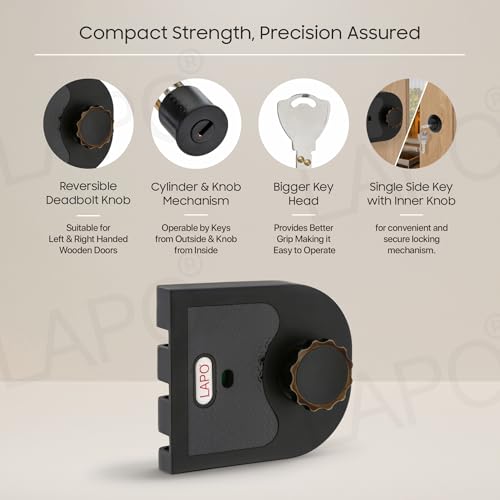 Image of LAPO Ultra Secure XL Rim Lock | Black Finish Strong Deadbolt Security Lock | Suitable for Wooden, Sliding & Double Doors | Left /Right-Hand Inside Opening | 4 Brass Keys | 3-Year Warranty