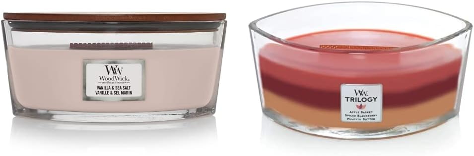 Woodwick Ellipse Scented Candle, Vanilla & Sea Salt, 16oz | Up to 50 Hours Burn Time & Ellipse Scented Candle, Autumn Harvest Trilogy, 16oz | Up to 50 Hours Burn Time