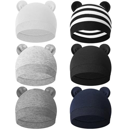 KFHENSOMR 6 Pcs Baby Newborn Bear Ears Hats, Newborn Toddler Soft Beanie Hat for Unisex Infant Boys Girls 0-24 Months Soft Breathable Cute Bear Caps for Dolls Pets, 6 Styles