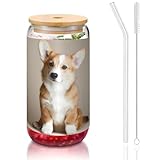 JIUTY Corgi Trinkgläser mit Deckel und Glasstrohhalm, mit Hundemotiv, 473 ml, Bier-, Eis- und Kaffeegläser, 1 Stück