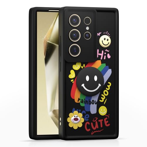 Image of Pikkme Back Cover for Samsung Galaxy S24 Ultra 5G | Soft Silicone| Cute Rainbow Smile & 3D Cartoon Flower Design | Shockproof Raised Camera Protection Bumper Case (Black)