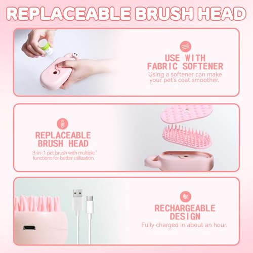 Image of Cat Steam Brush for Shedding, 3-in-1Multifunctional Pet Spray Hair Removal Comb for Shedding and Tangled Hairs,Water Brush for Cats (Pink)