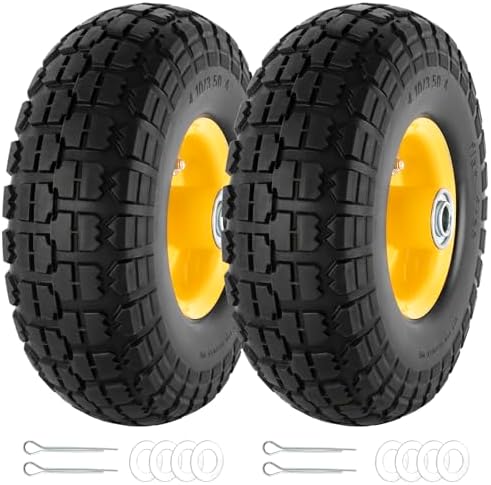 2 Pcs 4.10/3.50-4" 10 Inch Flat Free Solid Rubber Tire and Wheel with 5/8" Axle Bore Hole, 2.2" Offset Hub replacement for Hand Truck, Wheelbarrow, gorilla cart, Garden wagon Cart, Dolly, Utility Cart