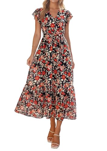 Image of PRETTYGARDEN 2023 Women's Floral Summer Dress V Neck Short Sleeve Ruffle Hem A-Line Boho Maxi Dresses