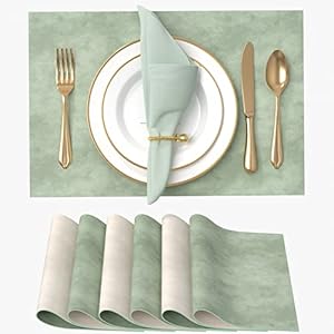Vitare Tovagliette Americane Lavabili,Tovagliette Colazione Set di 6,Tovaglietta Resistente al Calore,Tovagliette Americane Impermeabili,Ecopelle Bicolore,45×30cm-Beige e Verde