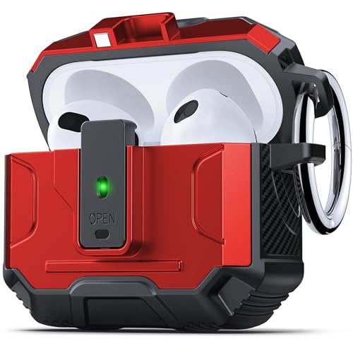 DASFOND Armor Cover AirPods 3 Generation Case, Military Grade Full Body Shockproof Protection Hard Case, Support Wireless Charging with Keychain, Magnetic Lid, Front LED Visible, Red
