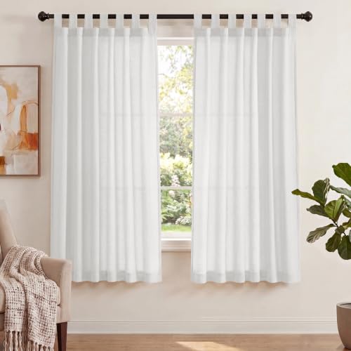PrinceDeco Light Reducing Natural Linen Curtains for Living Room/Bedroom Privacy Assured Semi Sheer Textured Flax Curtain Dries Light Filtering Soft and Durable, Tab Top 2 Panels (52" W x 63" L, Whit