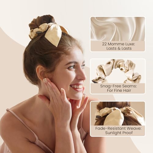 Image of THXSILK 100% Mulberry Silk Bow Scrunchies 3-Pack, 22 Momme Mulberry Silk Hair Ties for Women, Cute Bunny Ear No Damage Ponytail Holders, Fashion Hair Accessories for Girls(M, Light Colors)