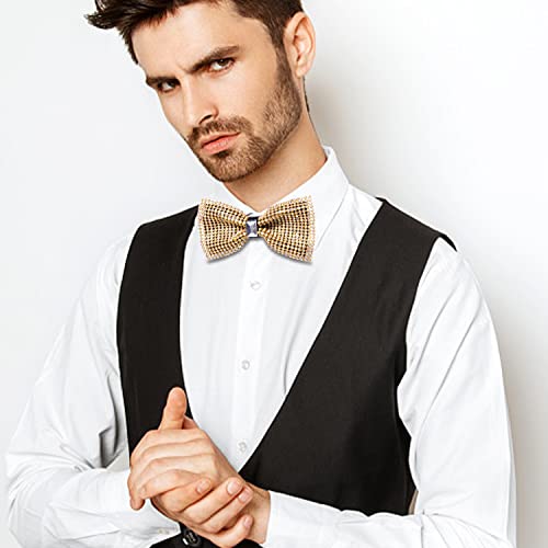 Image of Hi-Tie Pretied Bow Ties for Men Wedding Formal Bow Tie Handkerchief Cufflinks Lapel Pin Set Party Formal Mens Bowtie Set, Crystal Gold, Medium