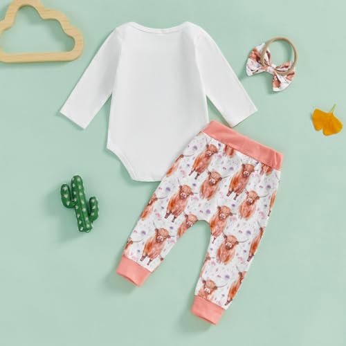 Newborn Western Baby Girl Clothes Highland Cow New To The Herd Romper Pants Set 3Pcs Summer Farm Coming Home Outfit3