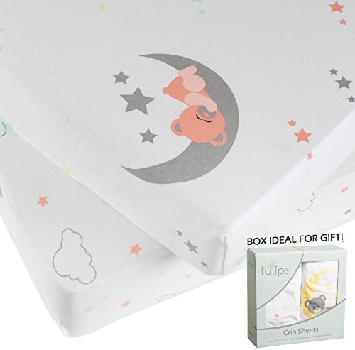 Three Tulips Crib Sheet, Fitted 100% Organic Jersey Cotton Knit 2 Pack Set - Stars, Clouds, Bears and Moons, Gift Box