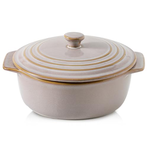 HVH Ceramic Casserole Dish with Lid Oven Safe, 2 Quart Round Casseroles Dishes Set, 9 Inches Round Baking Dish with Lid Oven Safe, Deep Casserole Dishes for Oven for Dinner Party (Sand Color)
