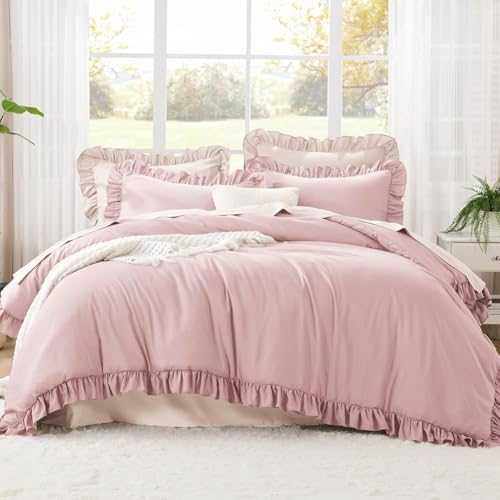 AShanlan Bettwäsche 135x200cm Rosa mit Rüschen 2-teilig Microfaser Bettbezug Kopfkissenbezug 80x80 cm Mädchen Jugendliche Teenager Einzelbett