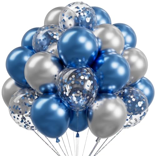 SULALABOO 73PCS Metallic Blue and Sliver 12 Inch Confetti Balloons