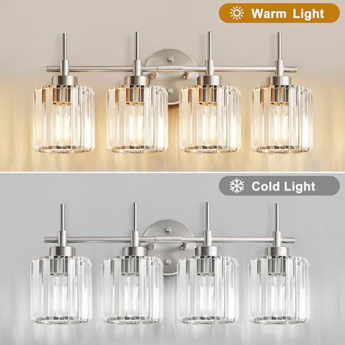 Image of EJIAXIN Crystal Bathroom Vanity Lights, 4 Light Bath Mirror Light Brushed Nickel Round Crystal Wall Mount Light Fixture Over Mirror Morden for Living Room