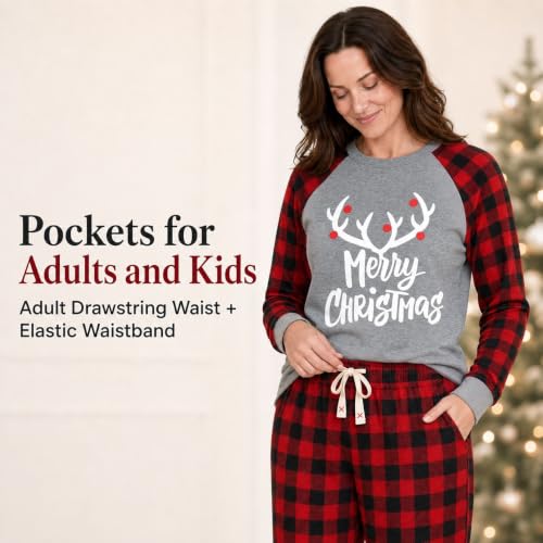 Image of IFFEI Matching Family Pajamas Sets Christmas PJ's with Letter and Plaid Printed Long Sleeve Tee and Bottom Loungewear