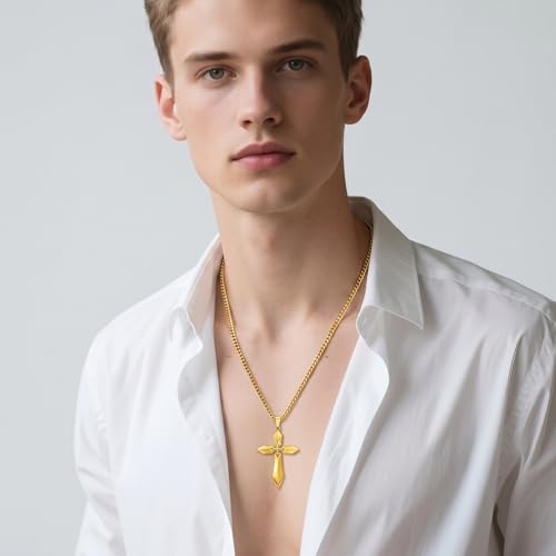 Image of Midari Gold Cross Necklace for Men 18K Gold Cross Pendant Minimalist Faith Necklace Christian Pendant Religious Gift