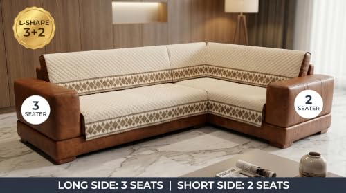 Image of KINGLY L-Shape Sofa Cover 5 Seater 3+2 Velvet Full Cover - Cream Beige | Fully covered quilted velvet slipcover, washable anti-slip furniture protector, L-type corner sofa cover for living room
